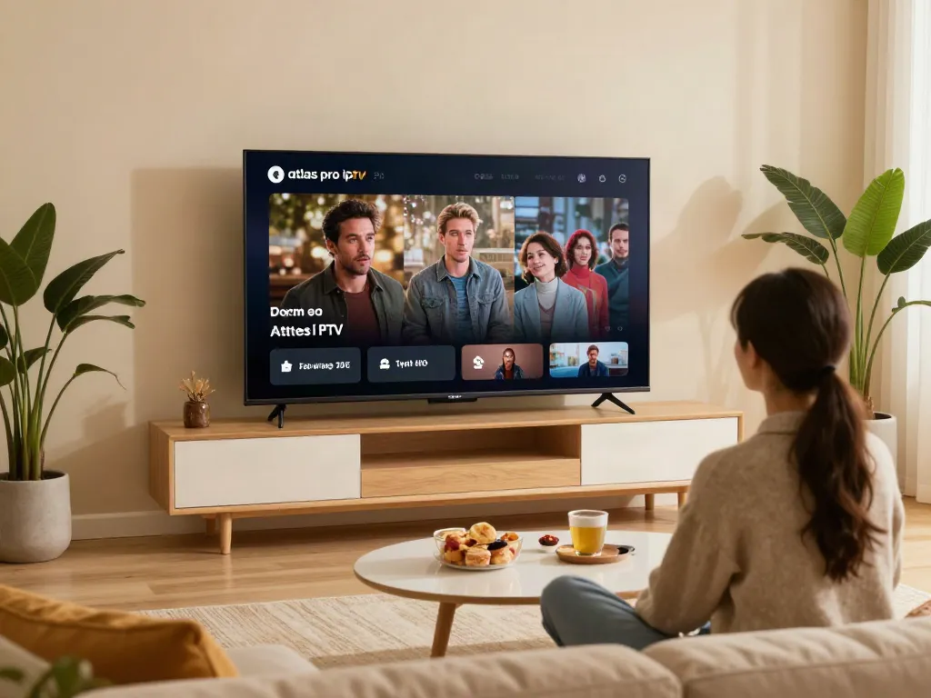 Profitez de l'expérience atlas pro iptv avec 12 000 chaînes sur un téléviseur intelligent dans un salon.