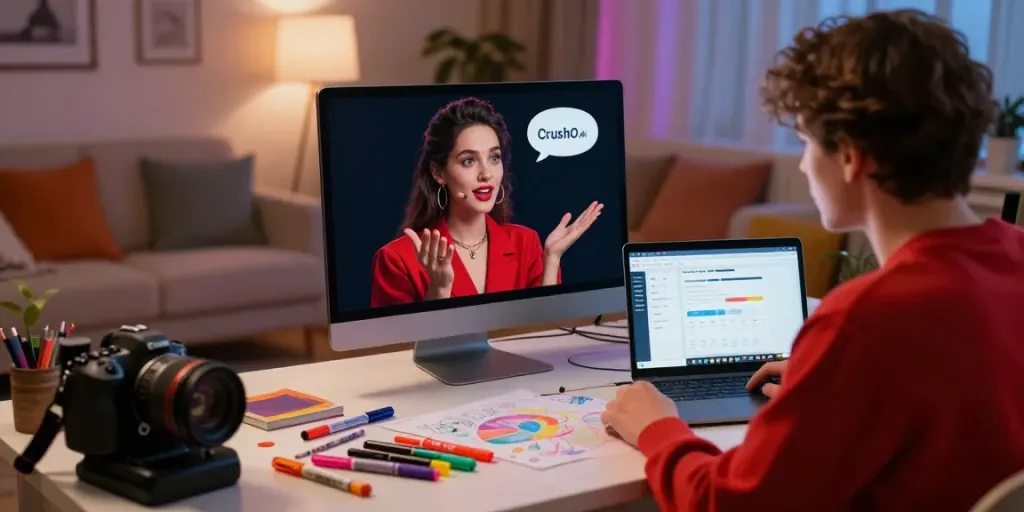Engaging NSFW AI chat scene with vibrant character on screen