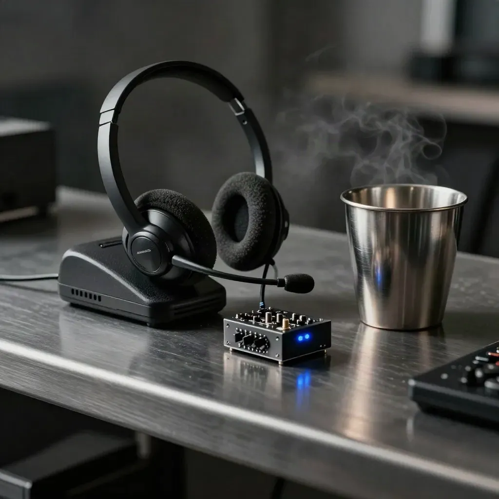 Casque d’agent usé, base téléphonique, module de routage et gobelet renversé sur étagère métal.