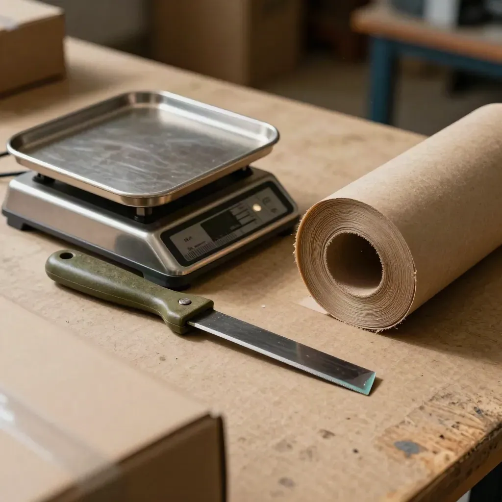 Balance d’emballage, cutter, rouleau kraft et tampon sur un établi d’atelier.