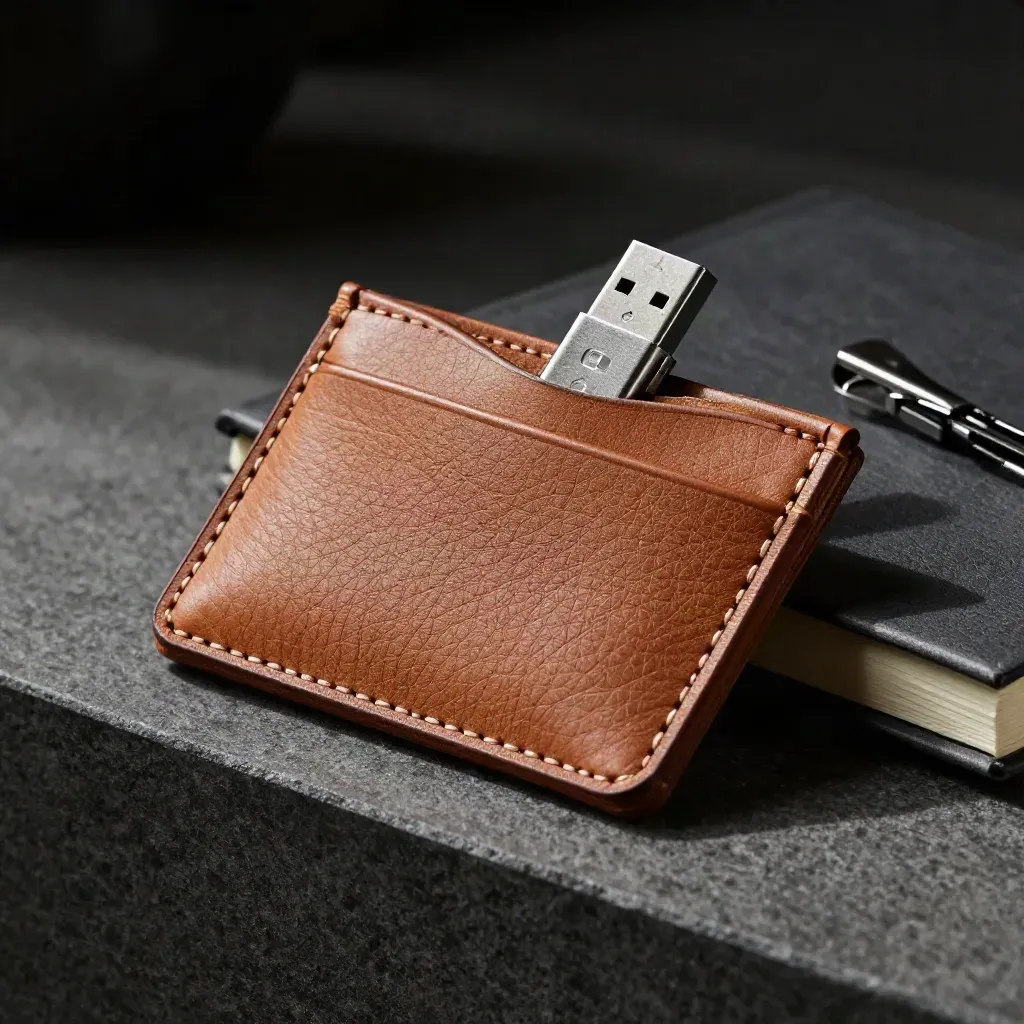 Gros plan d’un porte-cartes en cuir, une clé USB métal, un carnet fermé et un clip sur fond sombre.