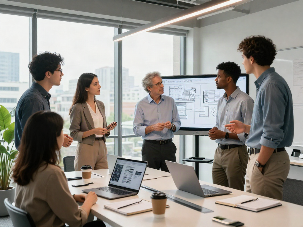 Professionnels discutant d'Atlas pro dans un bureau moderne, collaborant sur des solutions de toiture.